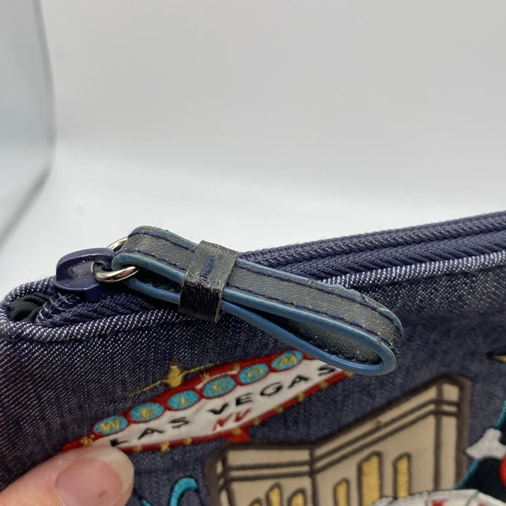 Frankie & Johnnie Vegas Embroidered Denim Makeup Case‎ Clutch Bag